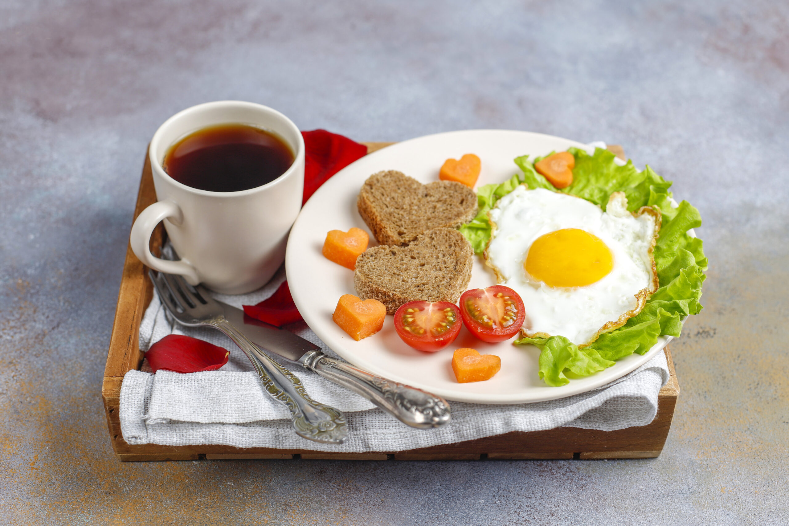 Breakfast on Valentine's Day - fried eggs and bread in the shape