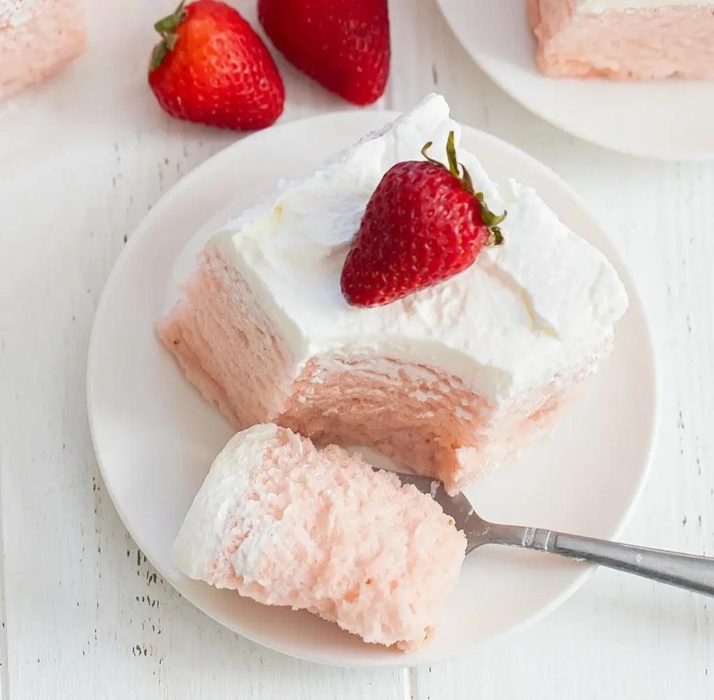 Homemade fluffy cloud cake dusted with powdered sugar on a white plate"