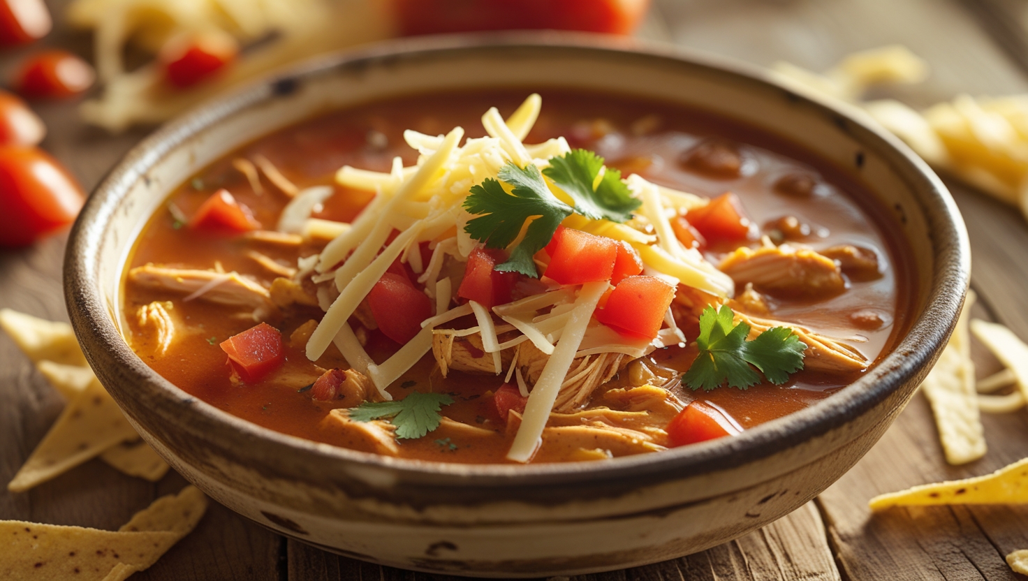 A light and colorful chicken taco soup bowl with lean shredded chicken, diced tomatoes, black beans, fresh corn, and a sprinkle of cilantro, served with lime wedges."