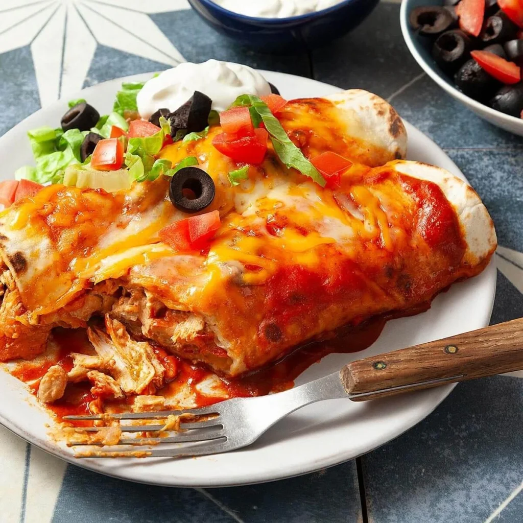 Close-up of golden-brown chicken enchiladas topped with melted cheese and fresh cilantro