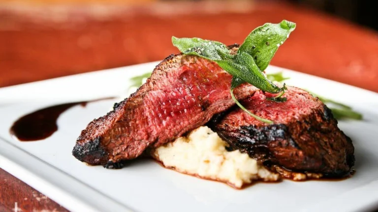Sliced grilled beef teres major steak on a cutting board with herbs